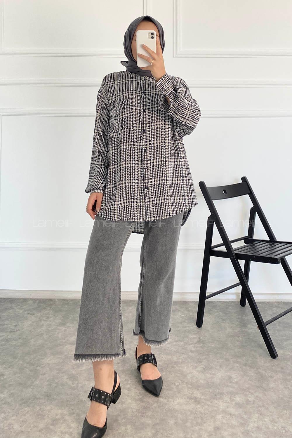 Modalamelif Önü Boydan Düğmeli Tek Cep Detaylı Desenli Gömlek Gri