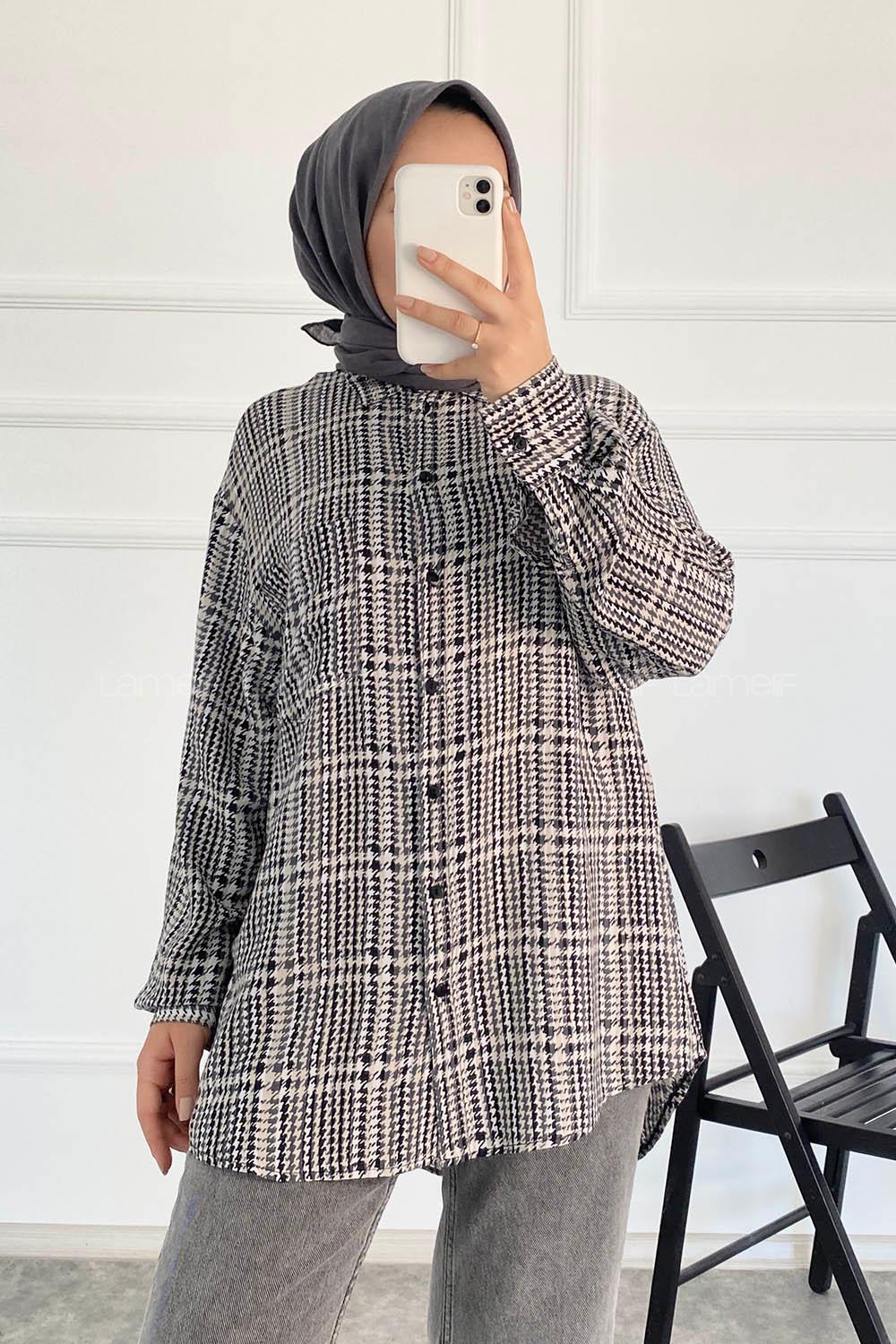 Modalamelif Önü Boydan Düğmeli Tek Cep Detaylı Desenli Gömlek Gri