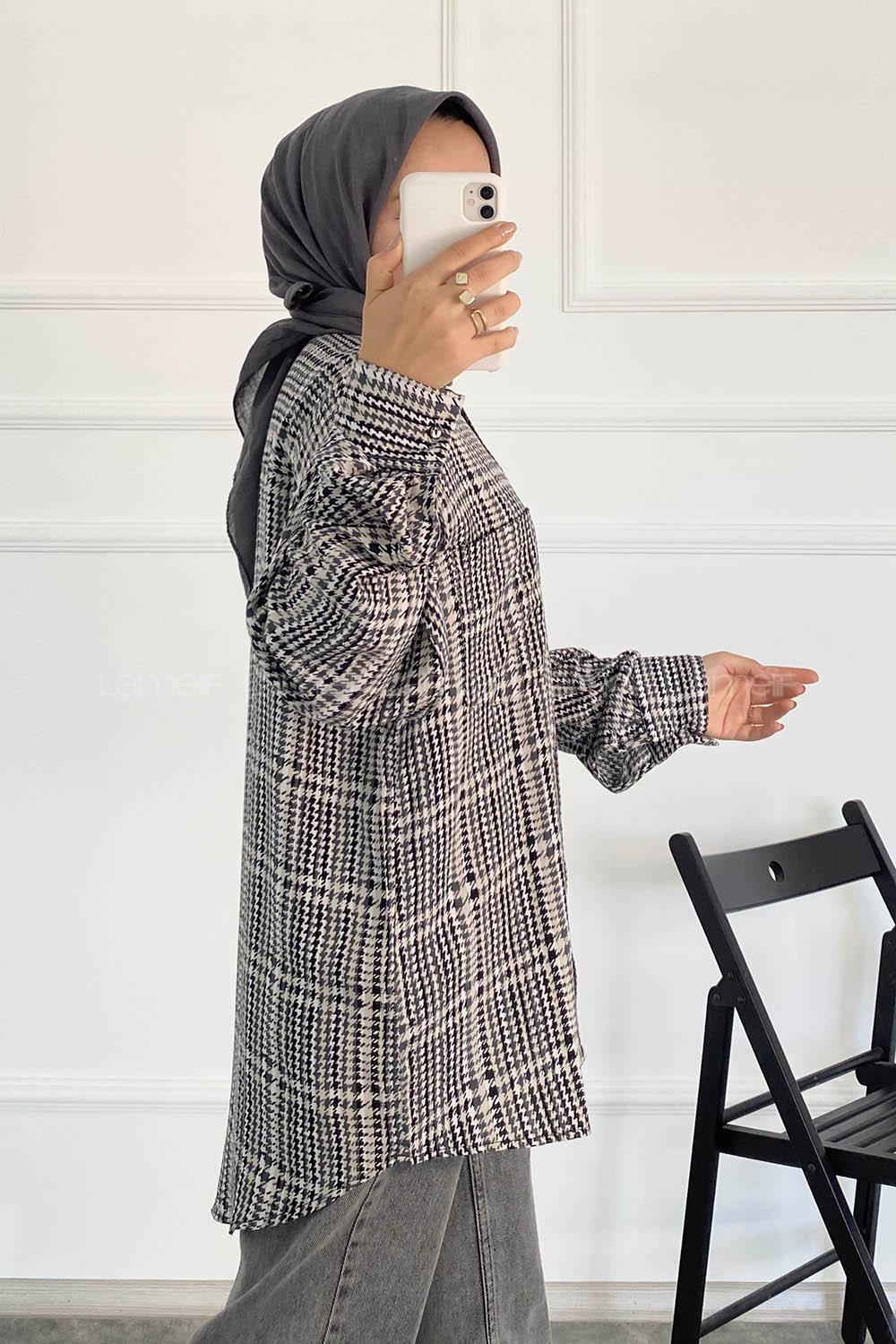 Modalamelif Önü Boydan Düğmeli Tek Cep Detaylı Desenli Gömlek Gri