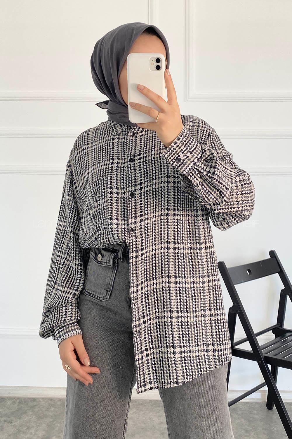 Modalamelif Önü Boydan Düğmeli Tek Cep Detaylı Desenli Gömlek Gri