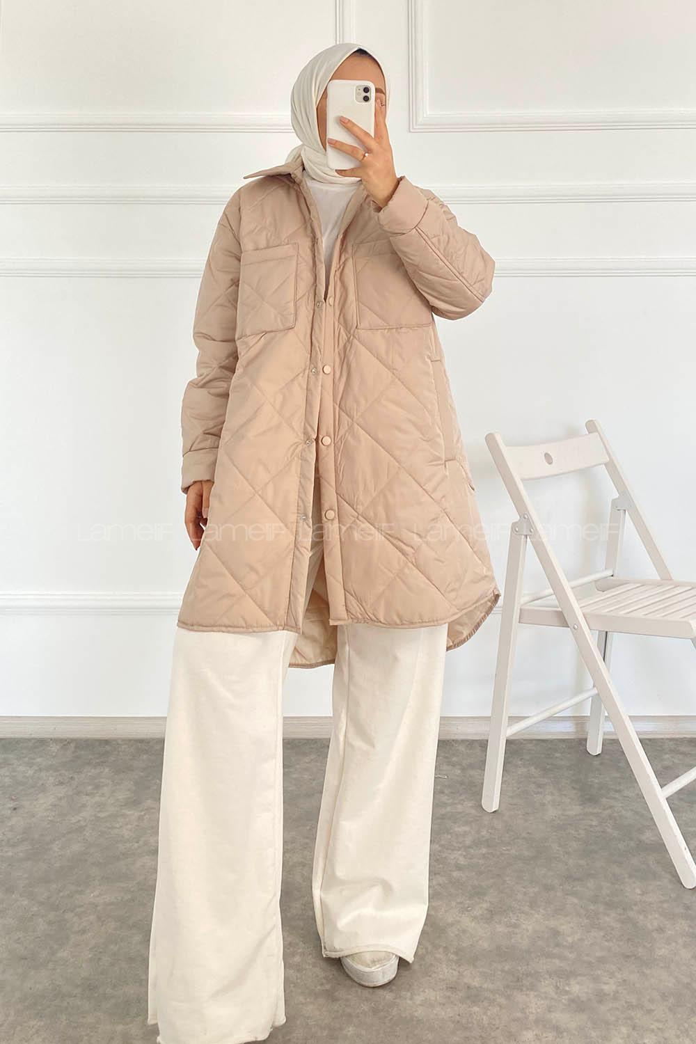 Modalamelif Önü Çıtçıt Düğmeli Çift Cepli Mont Bej