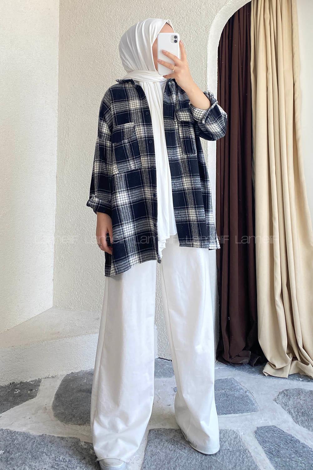 Modalamelif Önü Düğmeli Çift Kapak Cepli Çizgili Gömlek Siyah-Beyaz