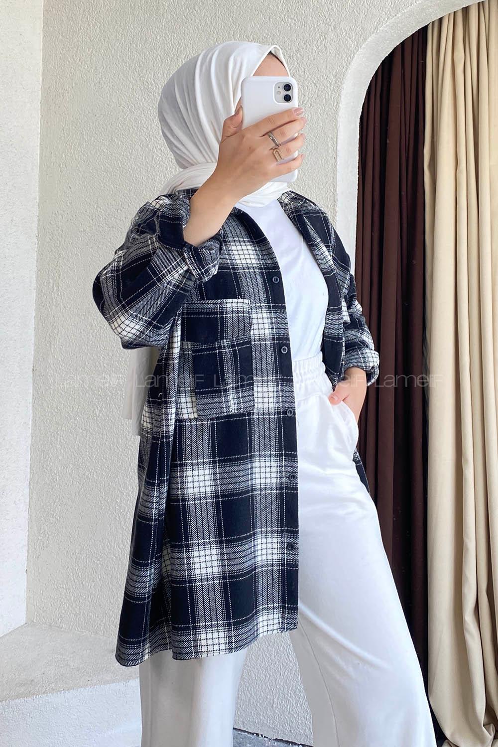 Modalamelif Önü Düğmeli Çift Kapak Cepli Çizgili Gömlek Siyah-Beyaz