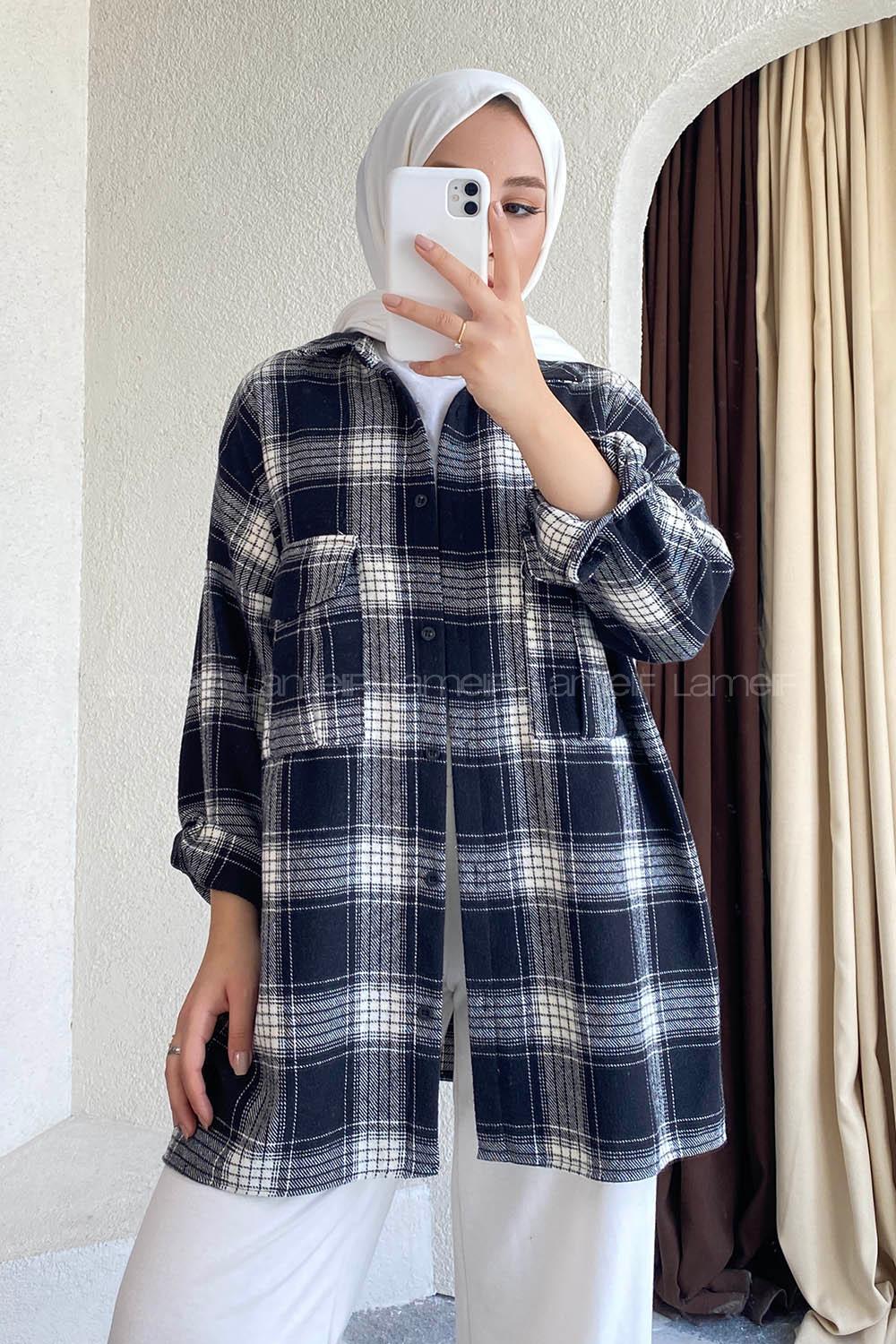 Modalamelif Önü Düğmeli Çift Kapak Cepli Çizgili Gömlek Siyah-Beyaz