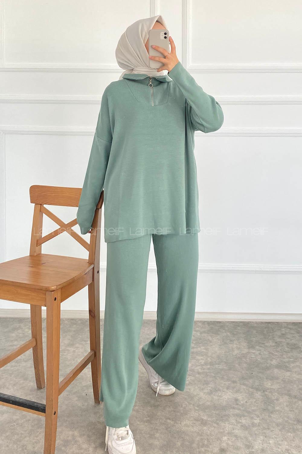 Modalamelif Önü Yarım Fermuarlu Kazak Pantolon İkili Takım Çağla Yeşili