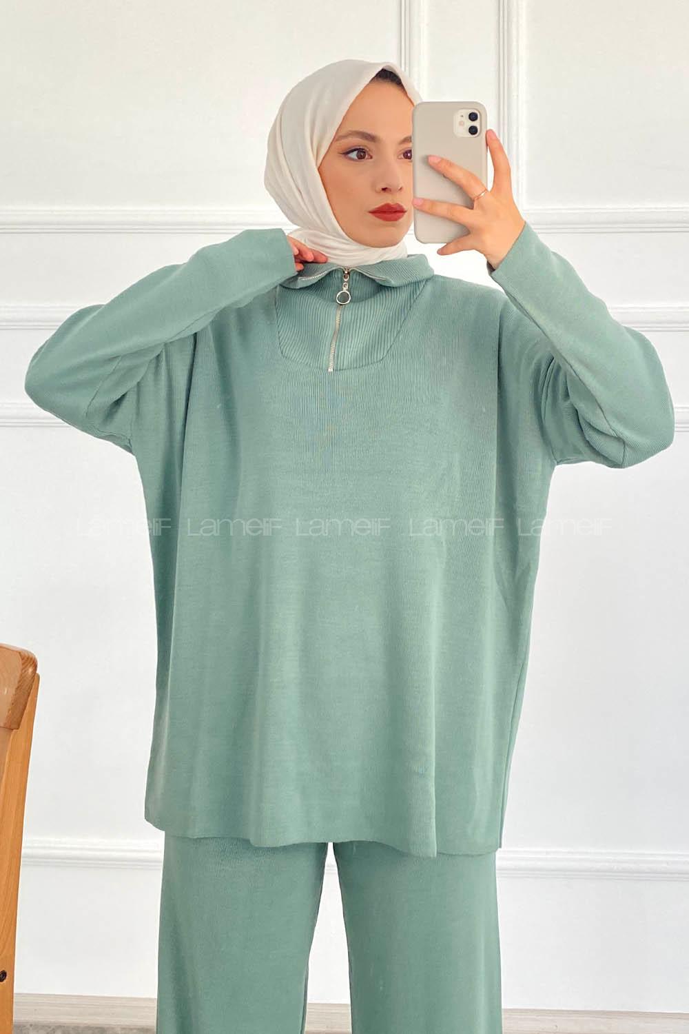 Modalamelif Önü Yarım Fermuarlu Kazak Pantolon İkili Takım Çağla Yeşili