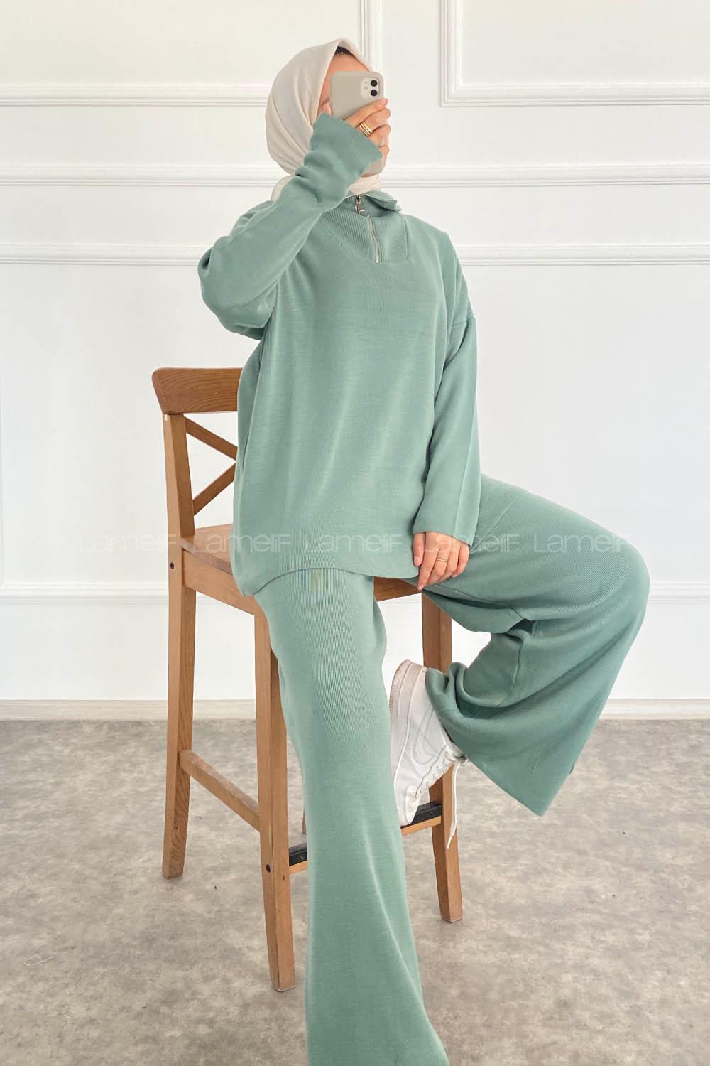 Modalamelif Önü Yarım Fermuarlu Kazak Pantolon İkili Takım Çağla Yeşili