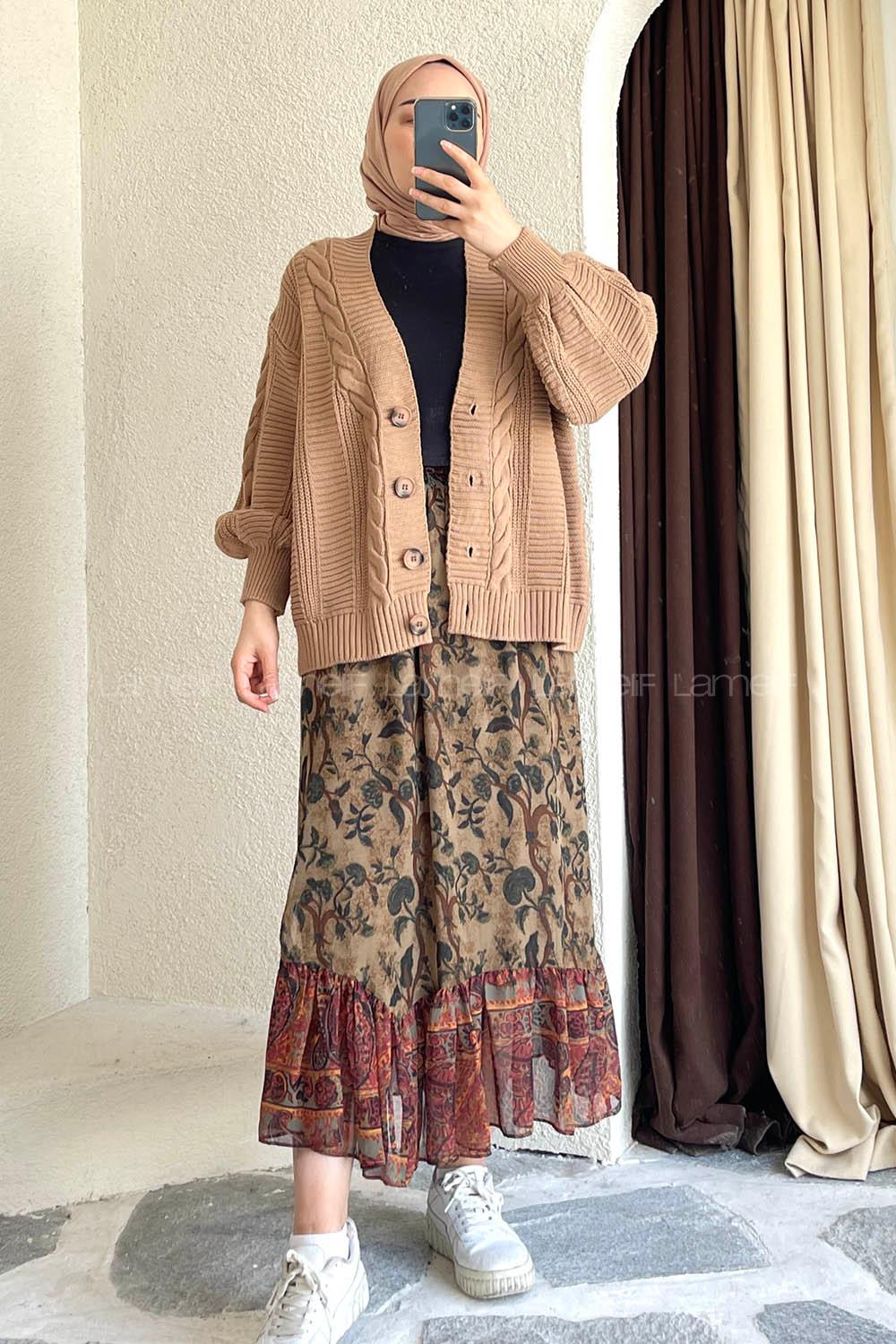 Örgü Desen Balon Kol Hırka Karamel