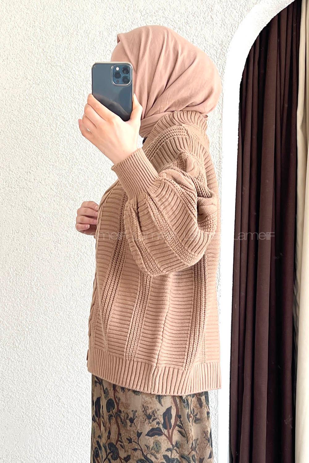 Örgü Desen Balon Kol Hırka Karamel