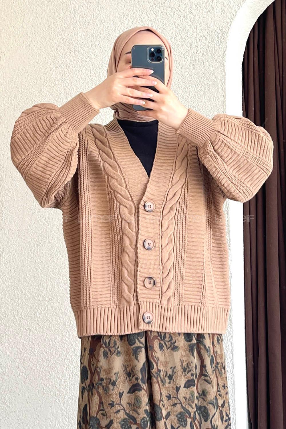 Örgü Desen Balon Kol Hırka Karamel