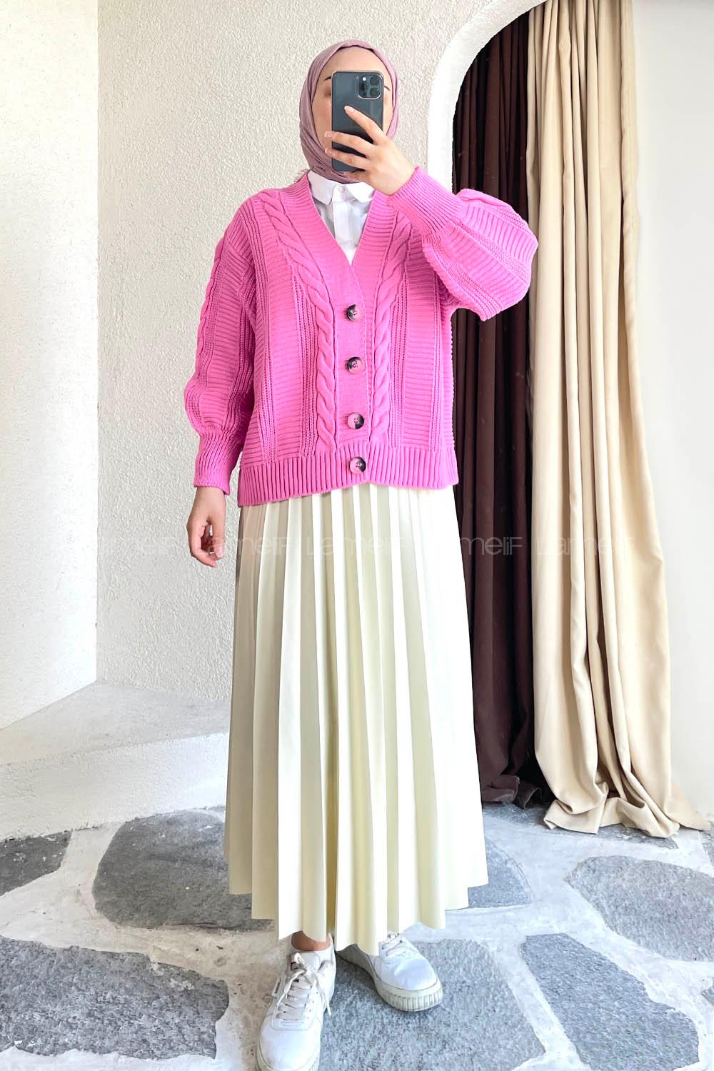 Modalamelif Örgü Desen Balon Kol Hırka Pembe