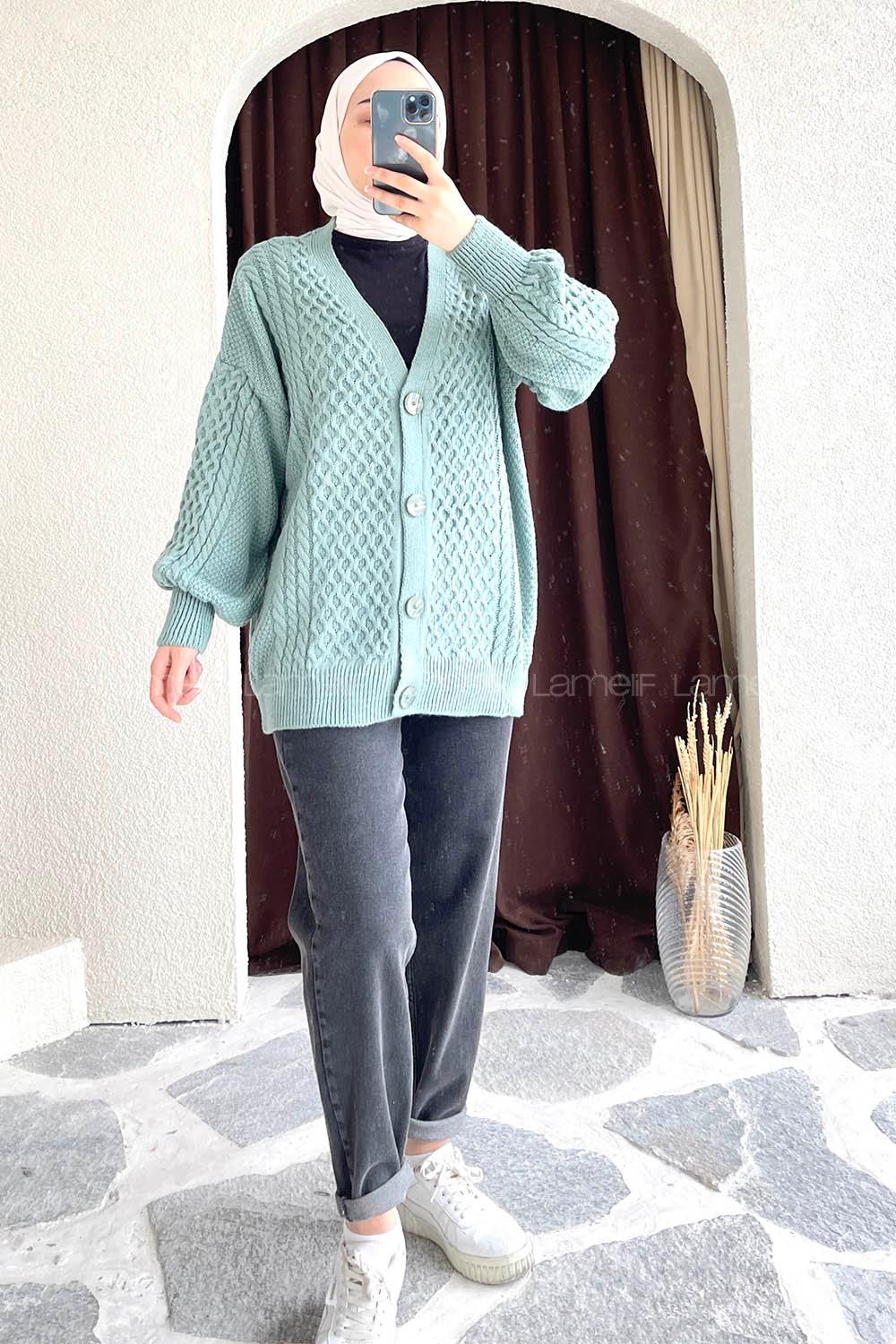 Modalamelif Örgü Desen Ön Düğmeli Hırka Çağla Yeşili