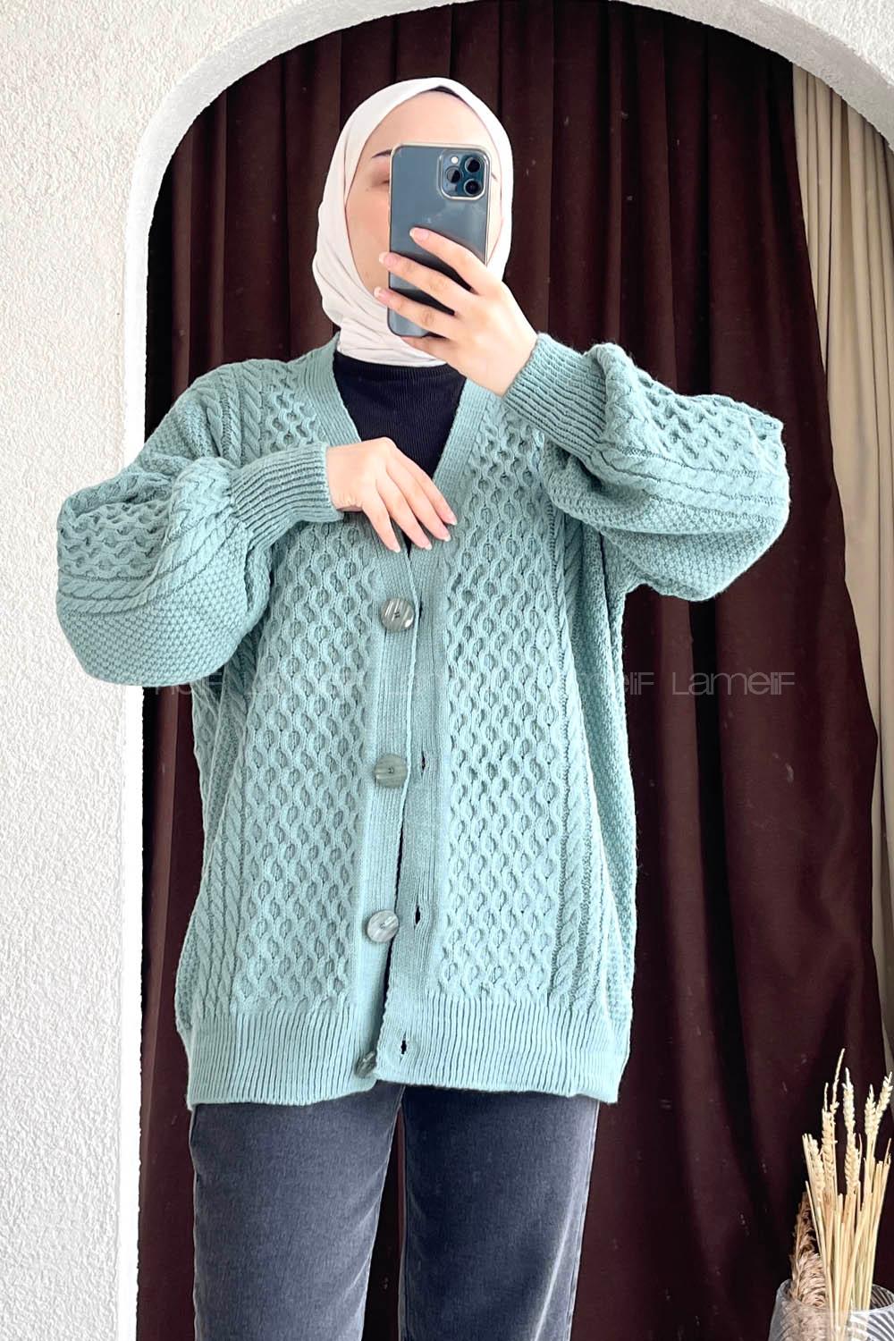 Modalamelif Örgü Desen Ön Düğmeli Hırka Çağla Yeşili