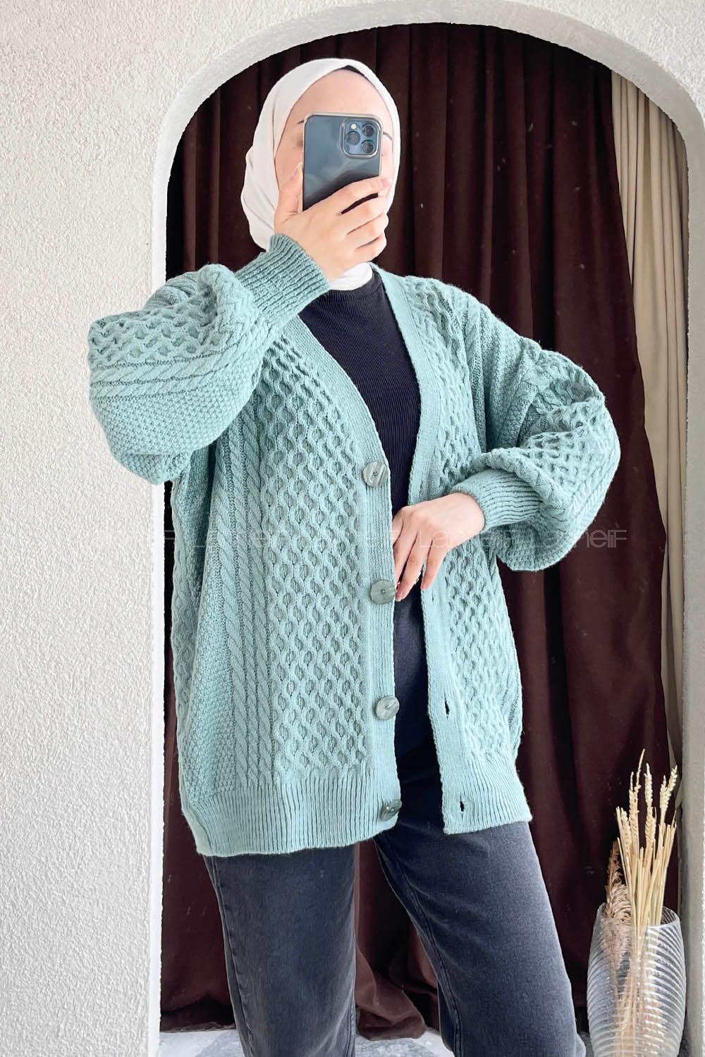 Modalamelif Örgü Desen Ön Düğmeli Hırka Çağla Yeşili