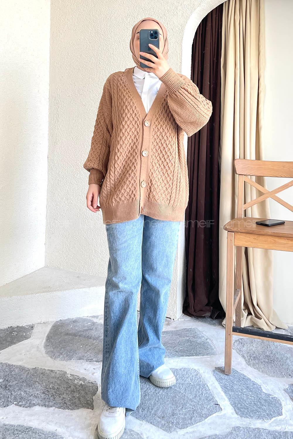 Modalamelif Örgü Desen Ön Düğmeli Hırka Karamel