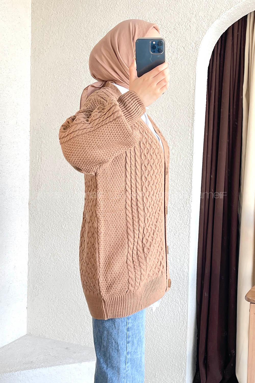 Modalamelif Örgü Desen Ön Düğmeli Hırka Karamel