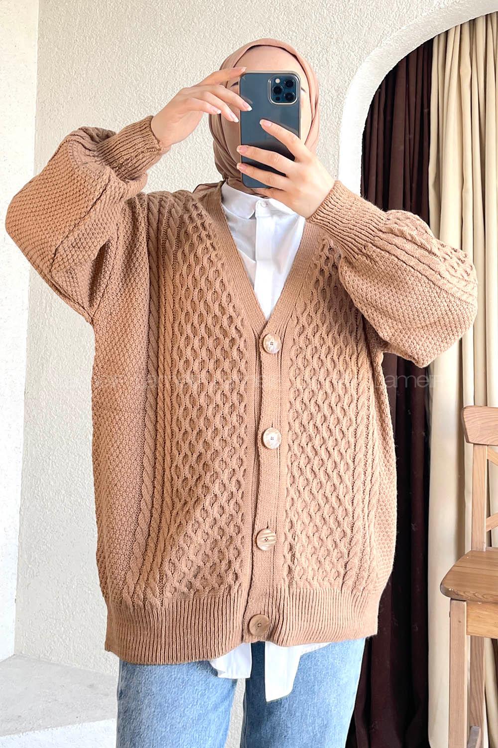 Modalamelif Örgü Desen Ön Düğmeli Hırka Karamel