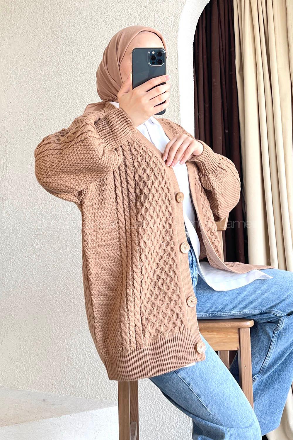 Modalamelif Örgü Desen Ön Düğmeli Hırka Karamel