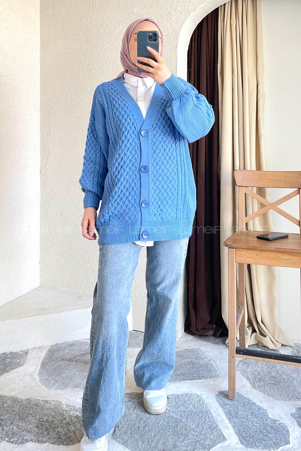 Modalamelif Örgü Desen Ön Düğmeli Hırka Mavi