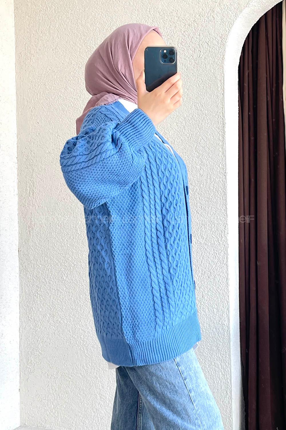 Modalamelif Örgü Desen Ön Düğmeli Hırka Mavi