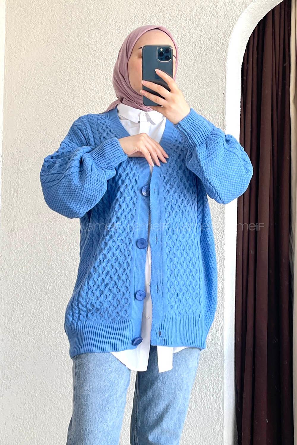 Modalamelif Örgü Desen Ön Düğmeli Hırka Mavi