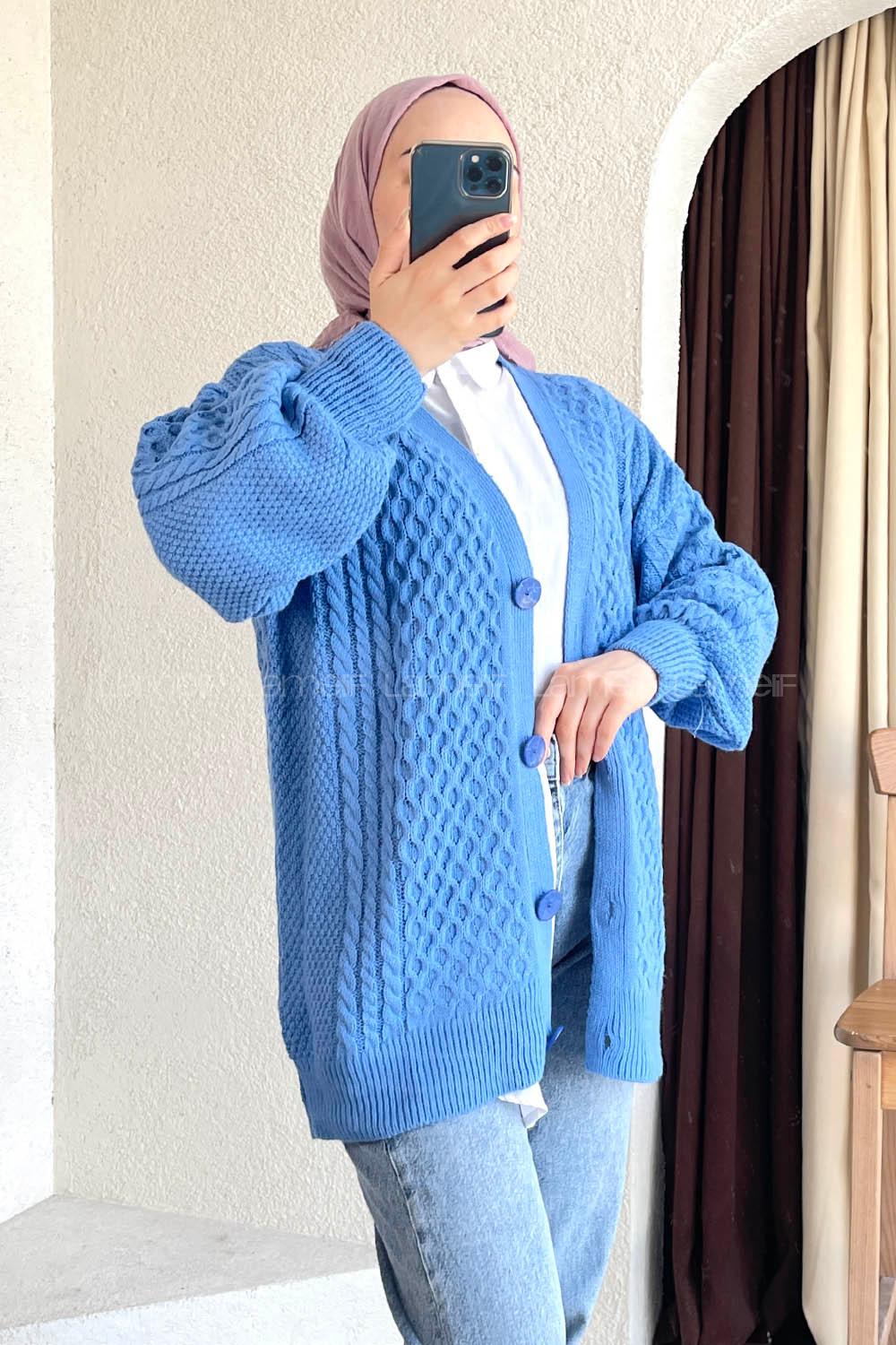 Modalamelif Örgü Desen Ön Düğmeli Hırka Mavi