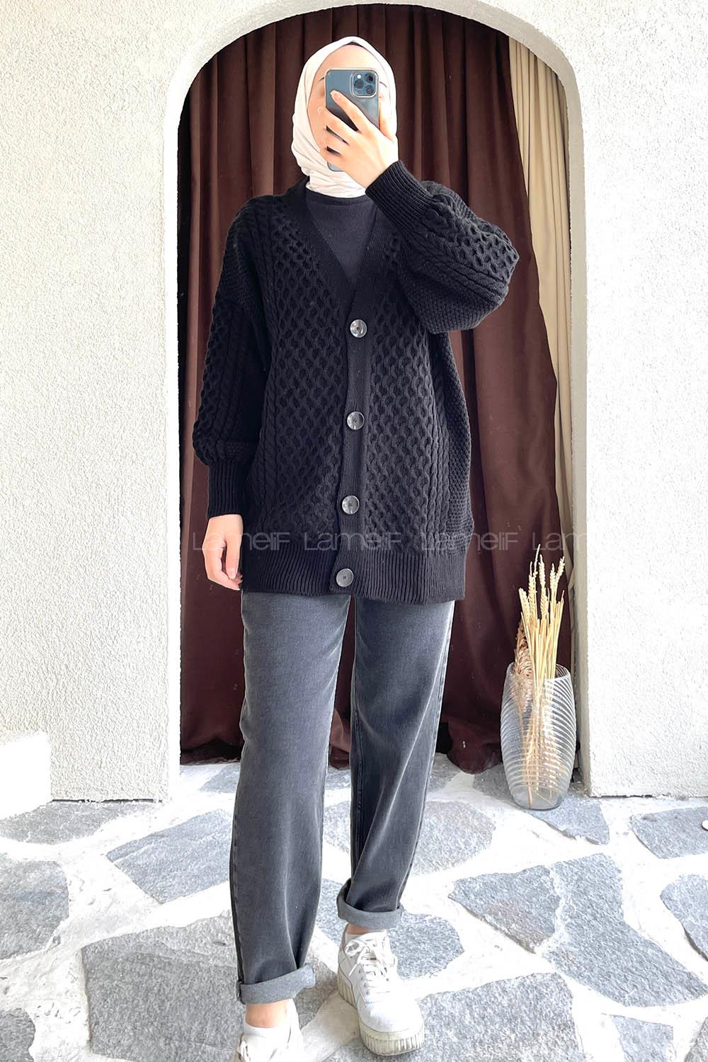 Modalamelif Örgü Desen Ön Düğmeli Hırka Siyah