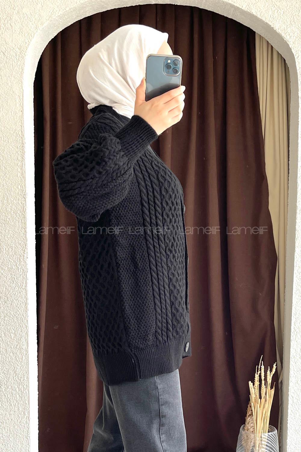 Modalamelif Örgü Desen Ön Düğmeli Hırka Siyah