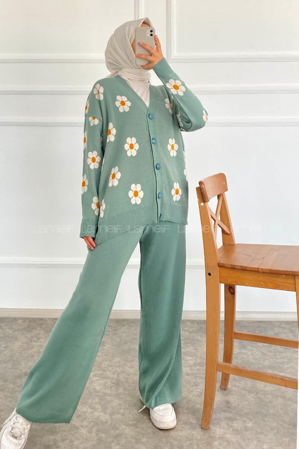 Modalamelif Papatya Desenli Önü Boydan Düğmeli Hırka Çağla Yeşili