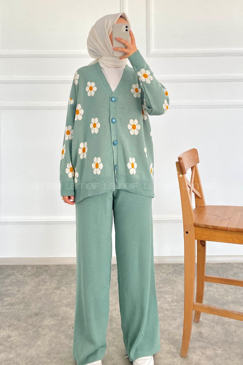 Modalamelif Papatya Desenli Önü Boydan Düğmeli Hırka Çağla Yeşili