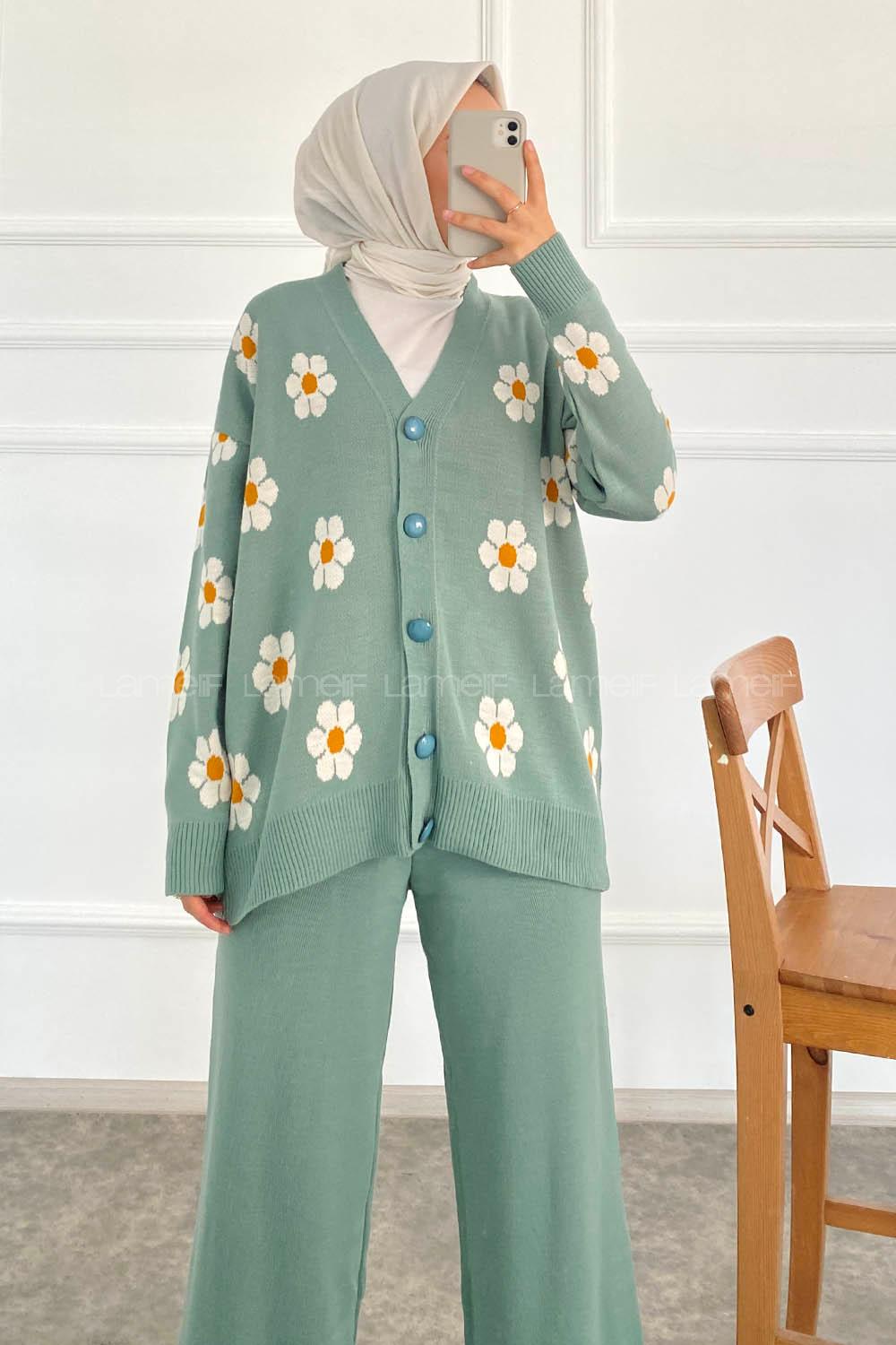 Modalamelif Papatya Desenli Önü Boydan Düğmeli Hırka Çağla Yeşili