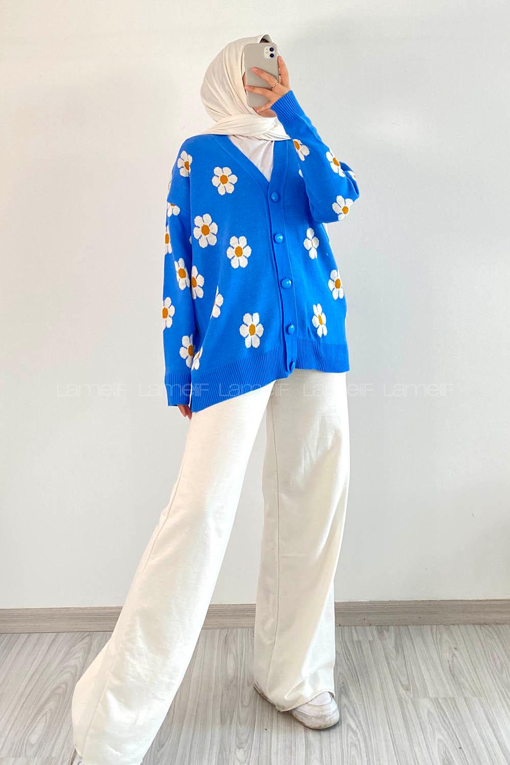 Modalamelif Papatya Desenli Önü Boydan Düğmeli Hırka Mavi