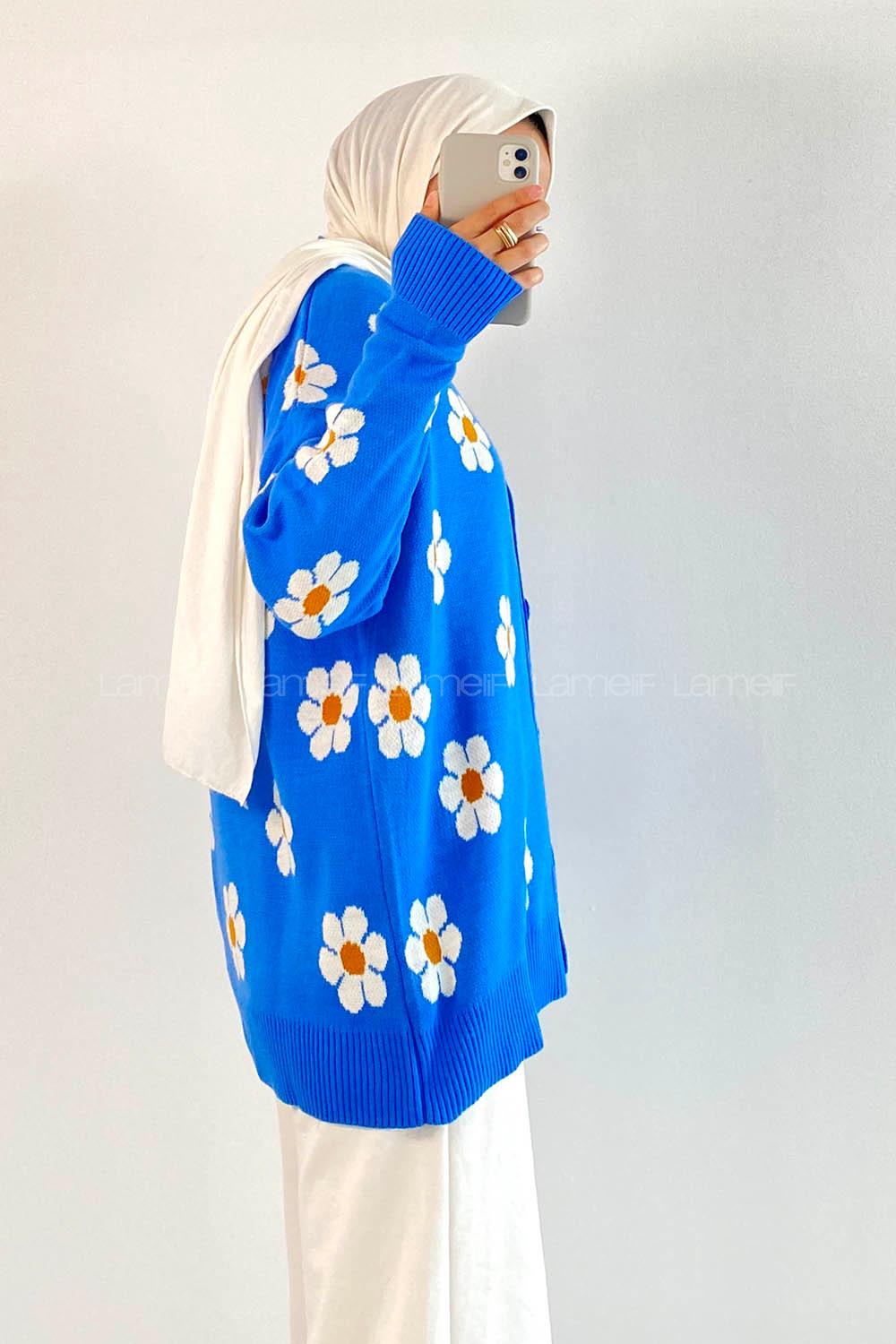 Modalamelif Papatya Desenli Önü Boydan Düğmeli Hırka Mavi