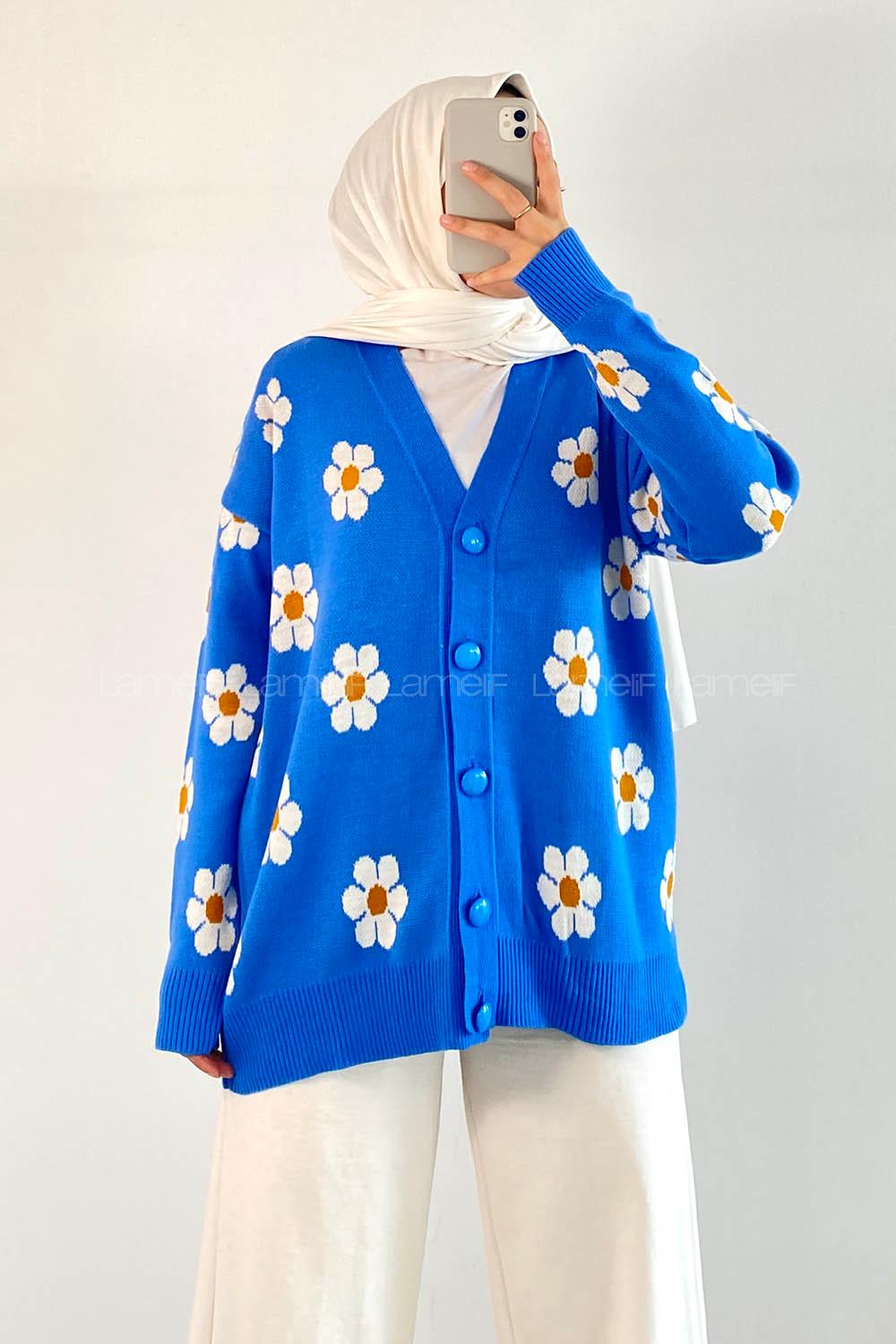 Modalamelif Papatya Desenli Önü Boydan Düğmeli Hırka Mavi