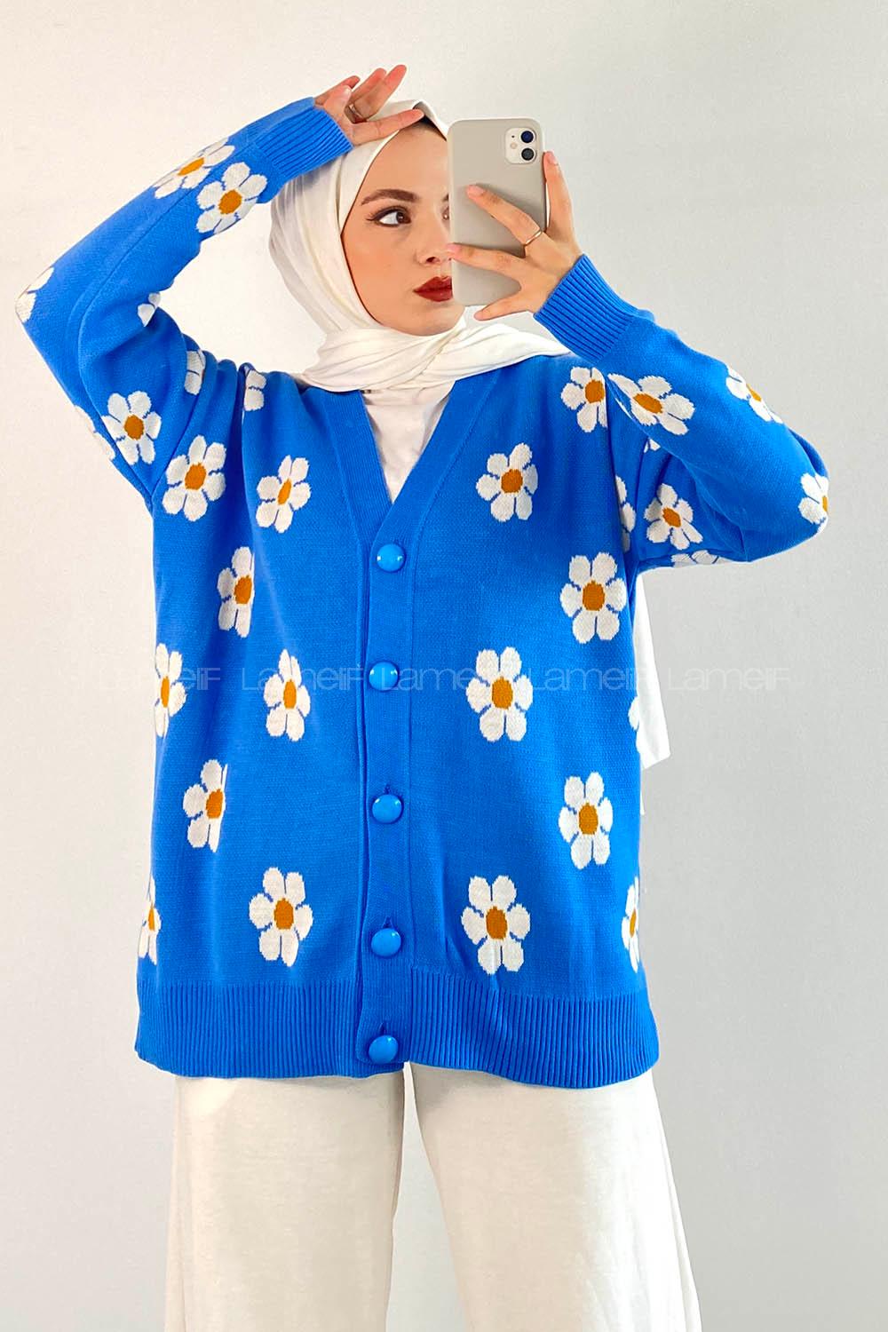 Modalamelif Papatya Desenli Önü Boydan Düğmeli Hırka Mavi