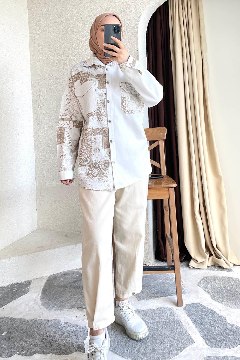 Modalamelif Renk Garnili Etnik Desen Kapak Cep Gömlek  Ekru-Bej