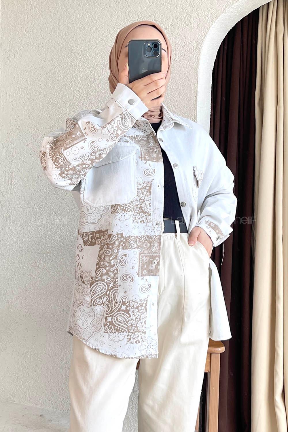 Modalamelif Renk Garnili Etnik Desen Kapak Cep Gömlek  Ekru-Bej