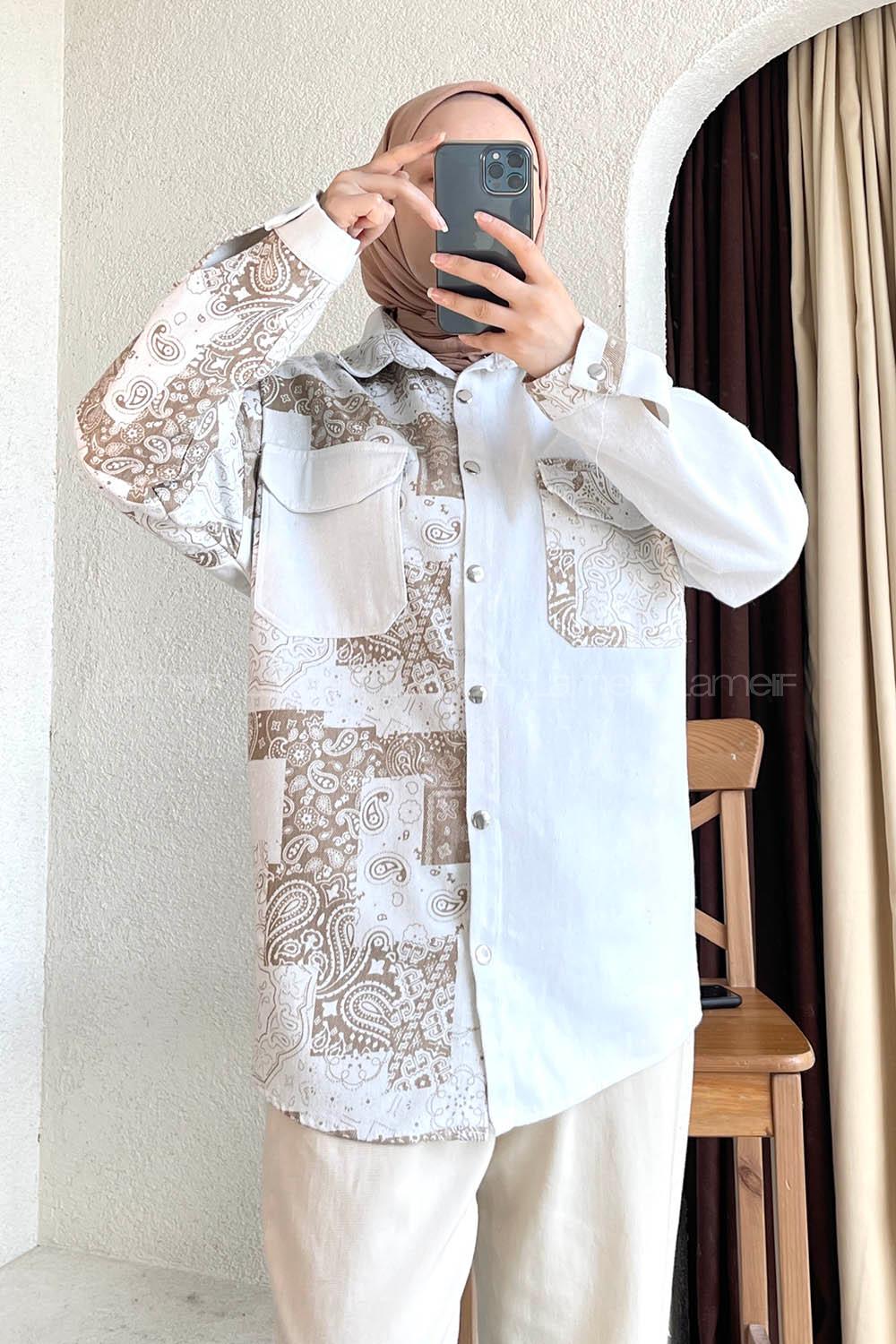 Modalamelif Renk Garnili Etnik Desen Kapak Cep Gömlek  Ekru-Bej