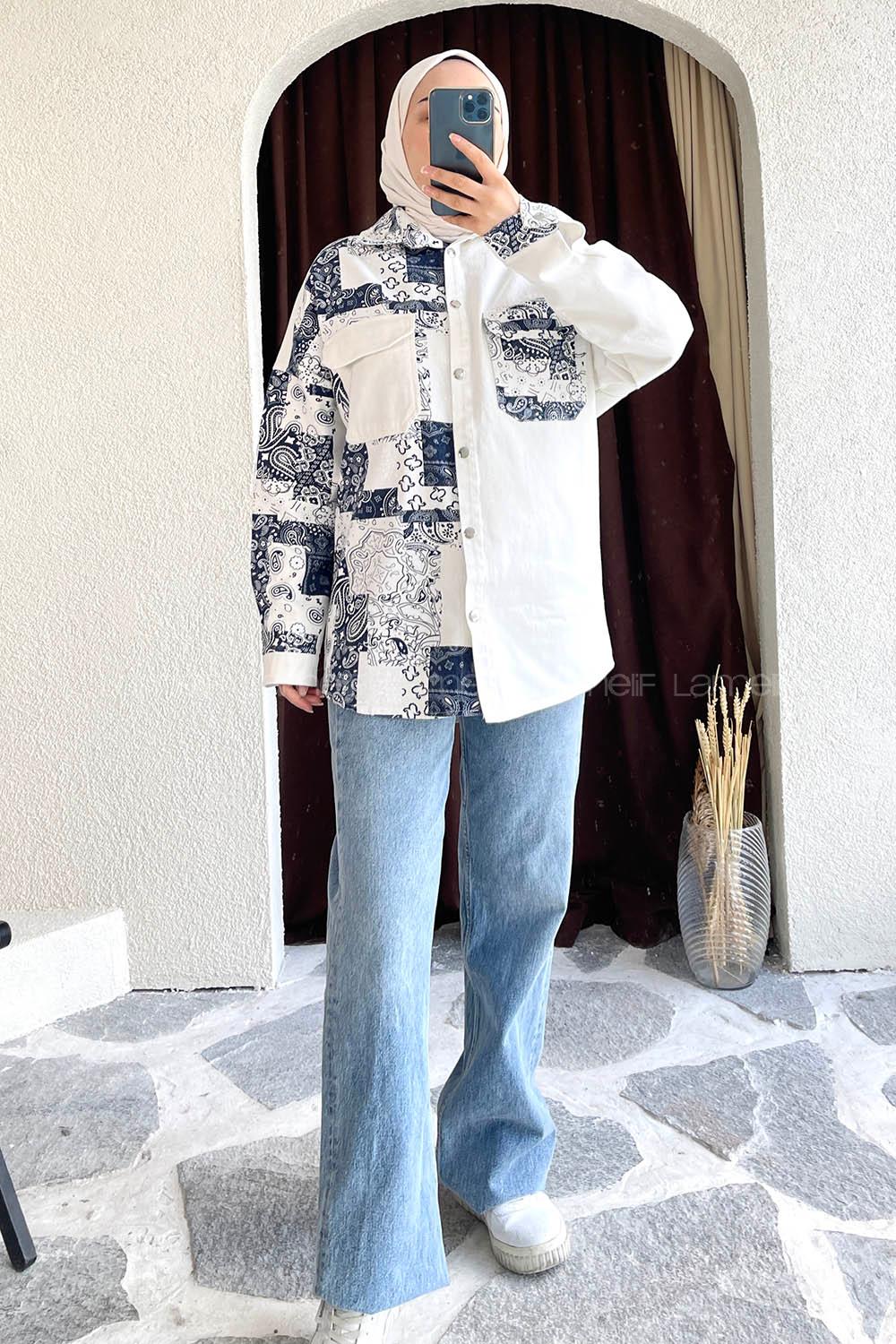 Modalamelif Renk Garnili Etnik Desen Kapak Cep Gömlek  Ekru-İndigo