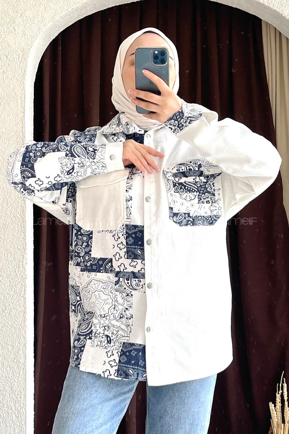 Modalamelif Renk Garnili Etnik Desen Kapak Cep Gömlek  Ekru-İndigo