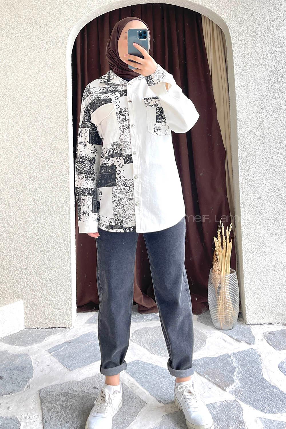 Modalamelif Renk Garnili Etnik Desen Kapak Cep Gömlek  Ekru-Siyah