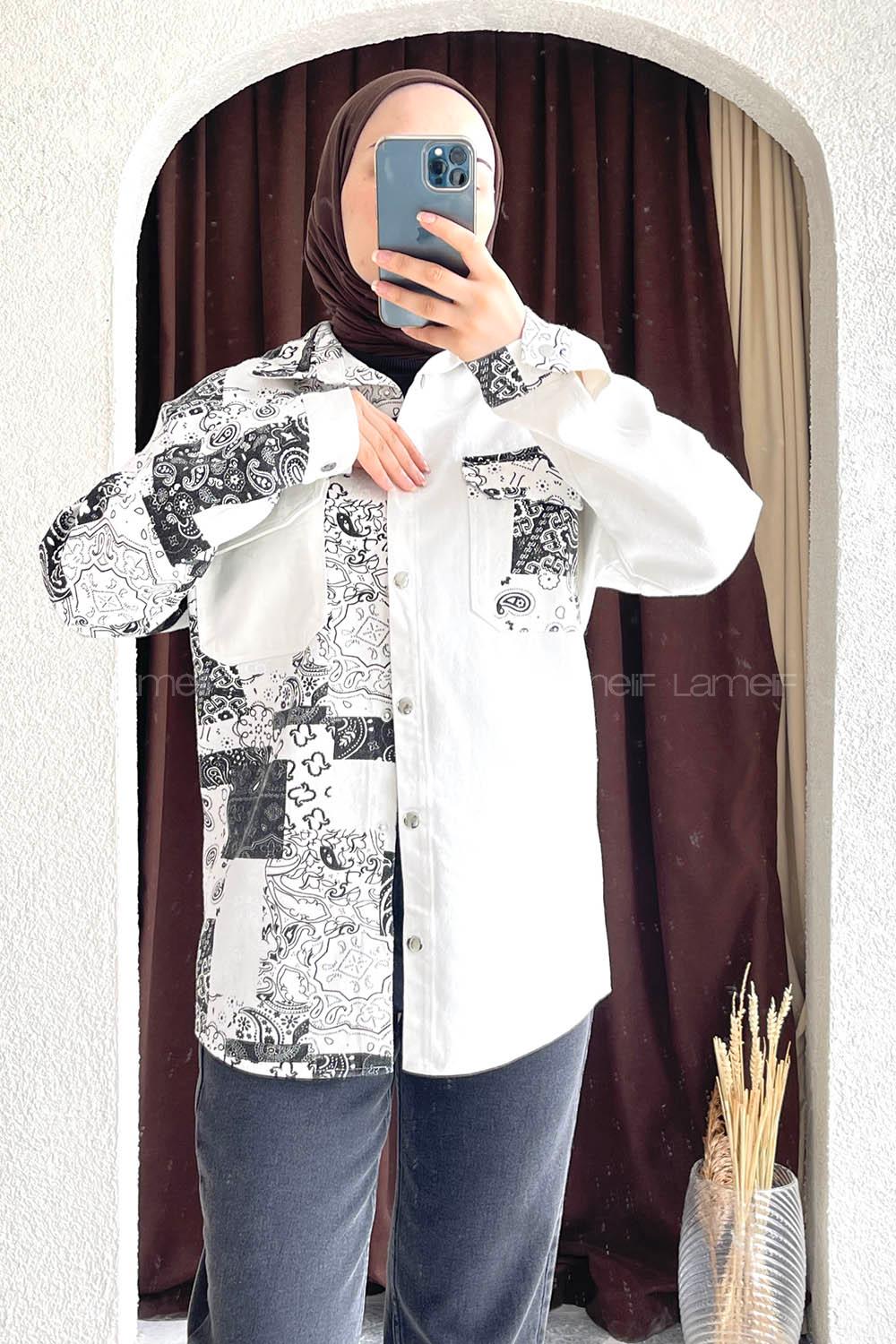 Modalamelif Renk Garnili Etnik Desen Kapak Cep Gömlek  Ekru-Siyah