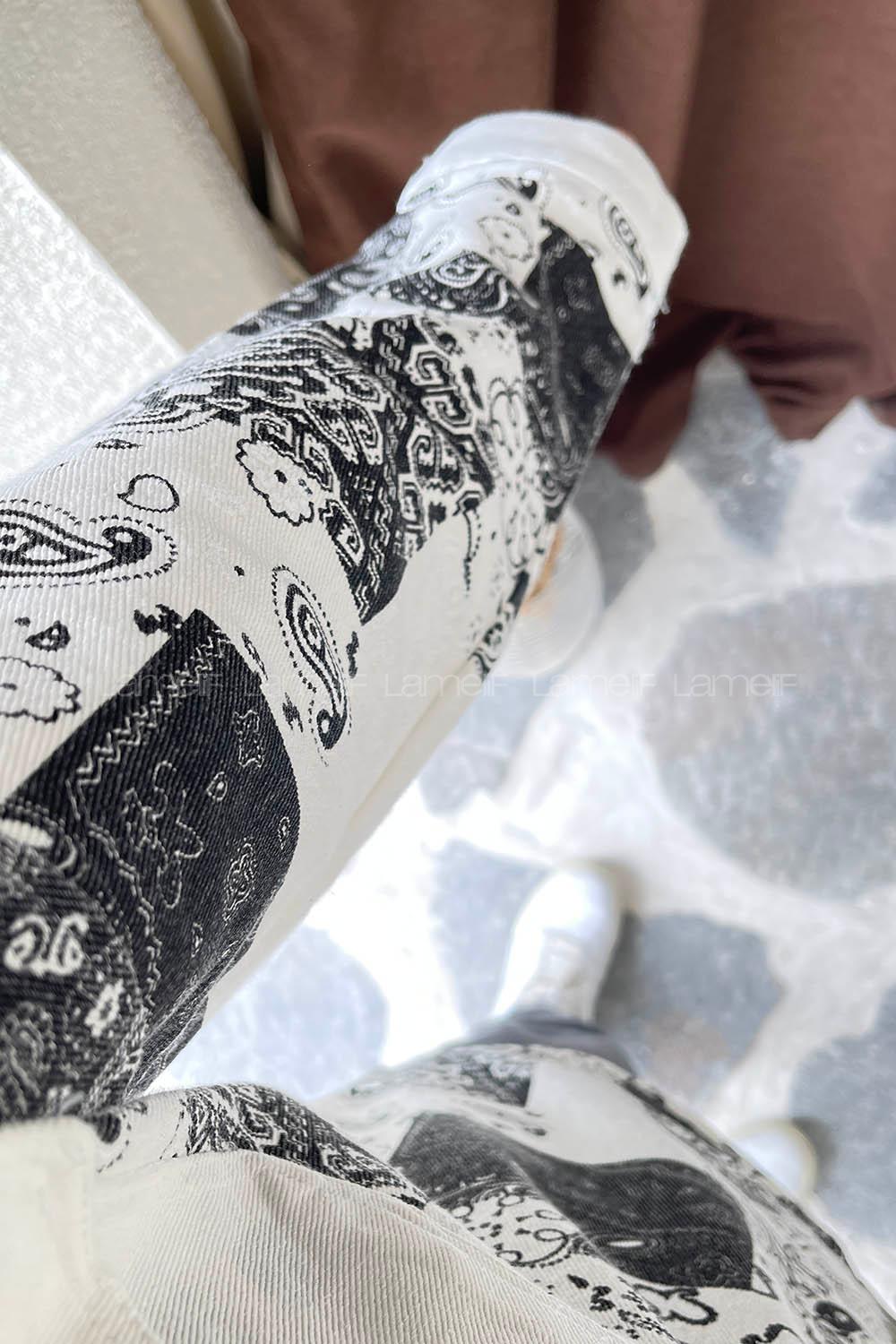 Modalamelif Renk Garnili Etnik Desen Kapak Cep Gömlek  Ekru-Siyah