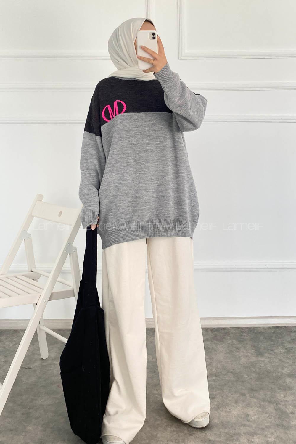 Modalamelif Renk Garnili M Baskılı Triko Kazak Gri-Antrasit