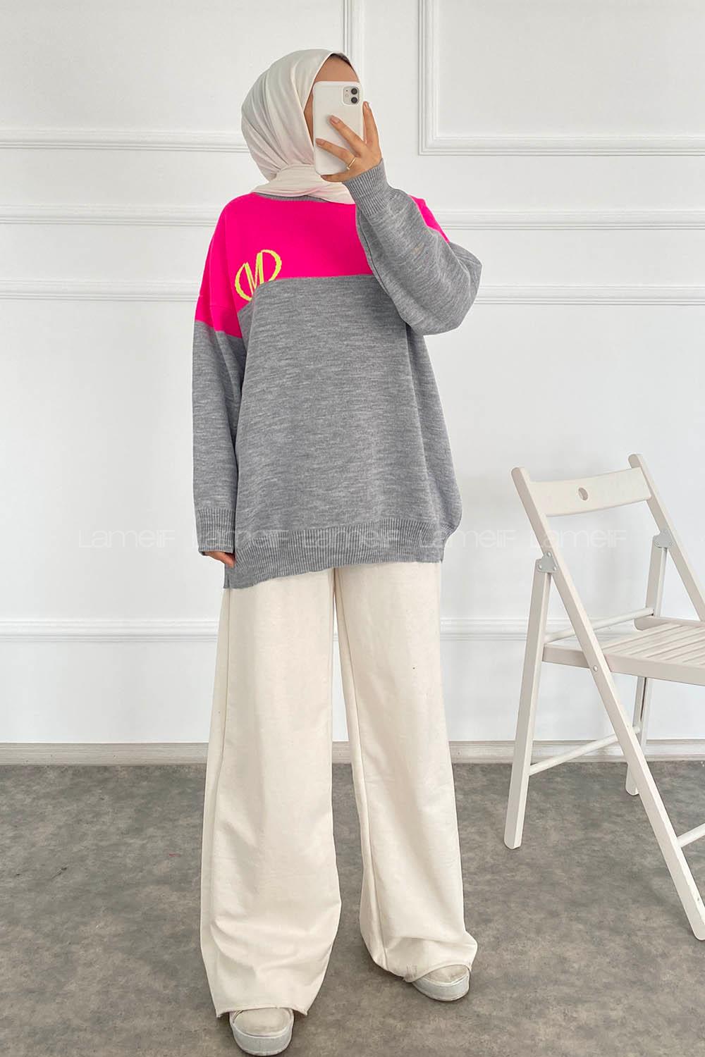 Modalamelif Renk Garnili M Baskılı Triko Kazak Gri-Fuşya