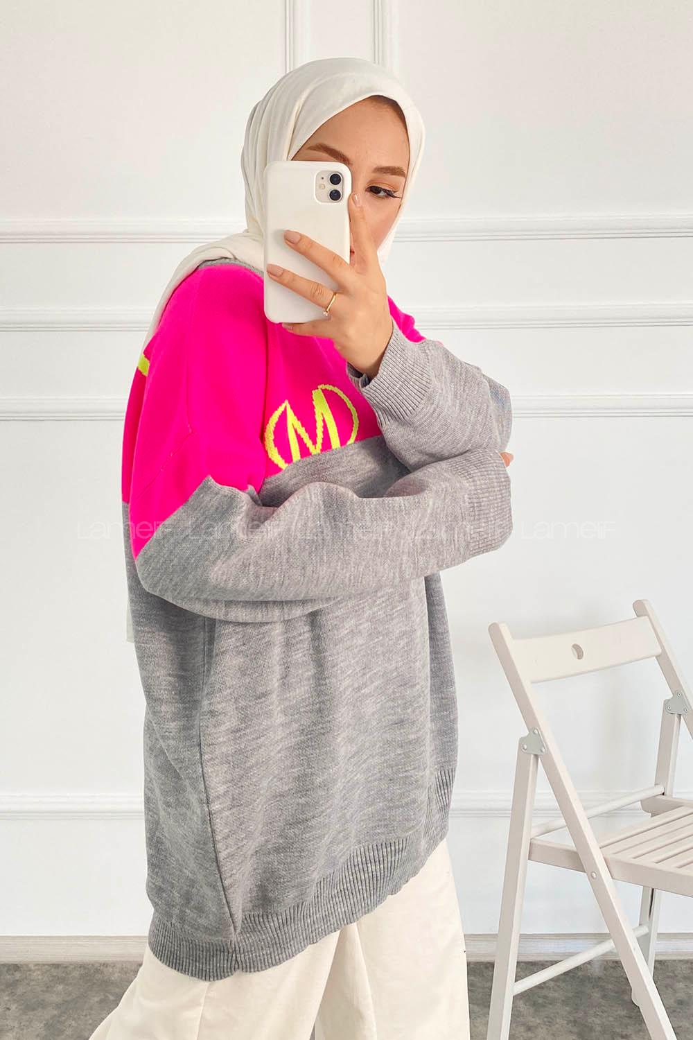 Modalamelif Renk Garnili M Baskılı Triko Kazak Gri-Fuşya