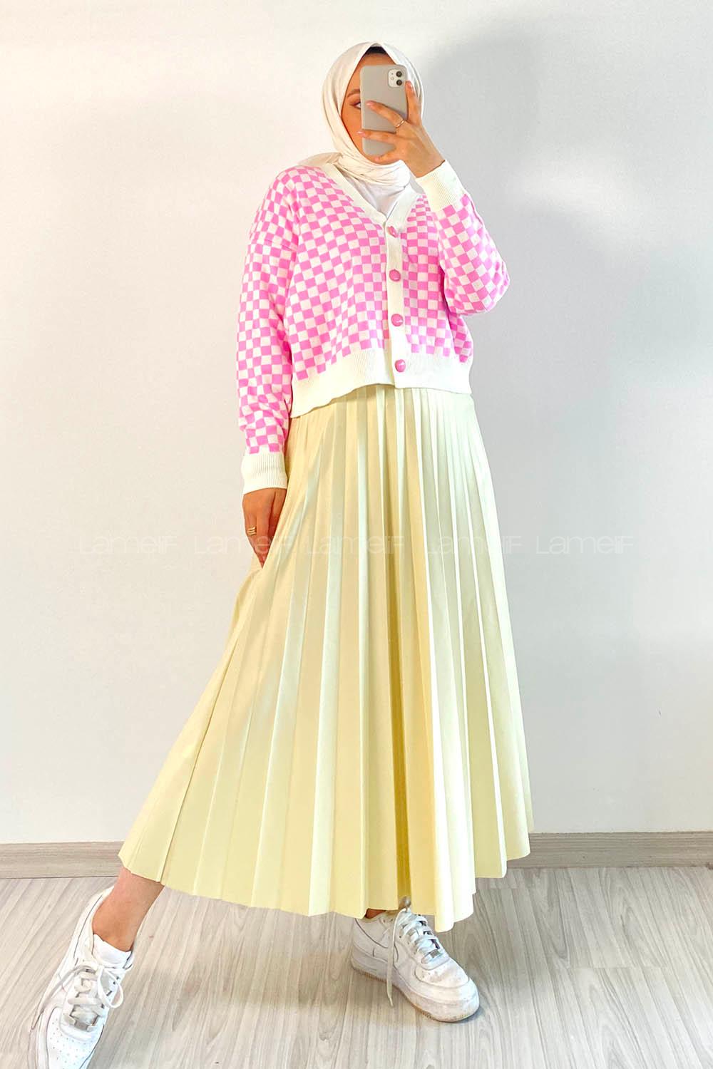 Modalamelif V Yaka Boydan Düğmeli Kare Desen Triko Hırka Pembe