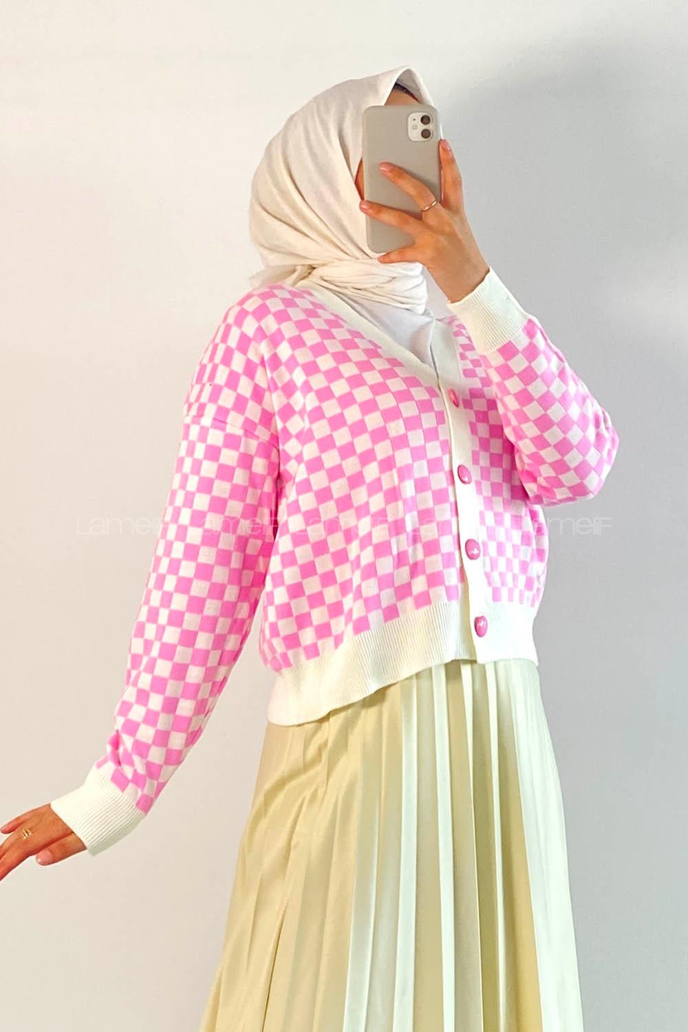 Modalamelif V Yaka Boydan Düğmeli Kare Desen Triko Hırka Pembe