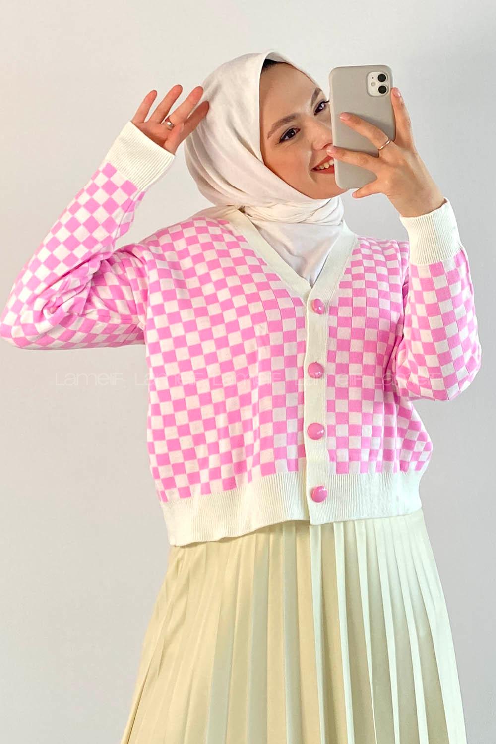 Modalamelif V Yaka Boydan Düğmeli Kare Desen Triko Hırka Pembe