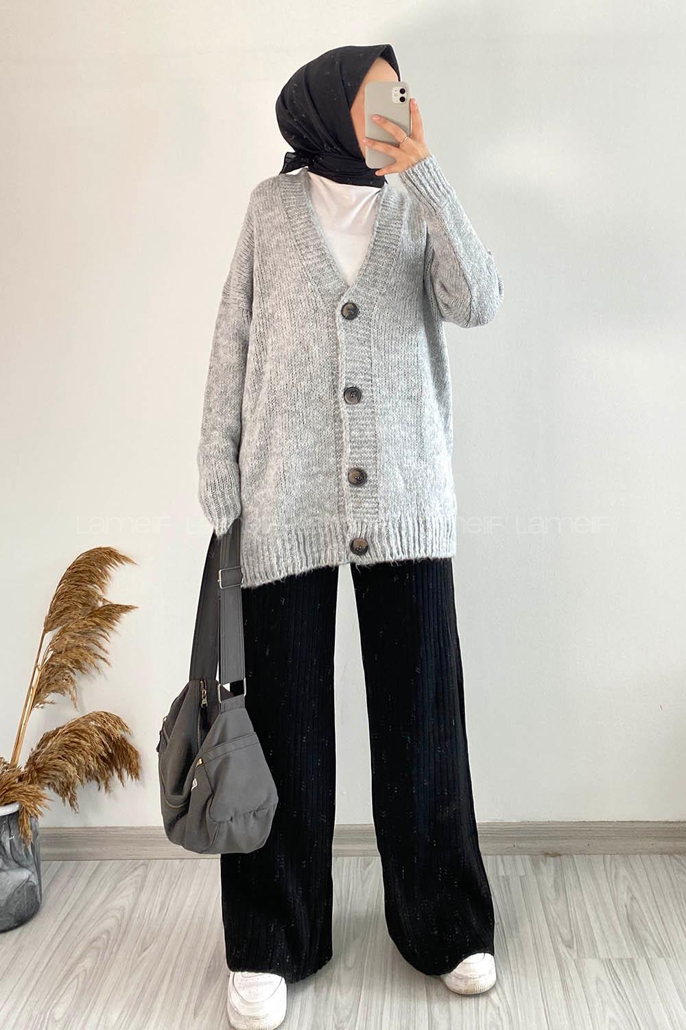 Modalamelif V Yaka Boydan Düğmeli Oversize Triko Hırka Gri